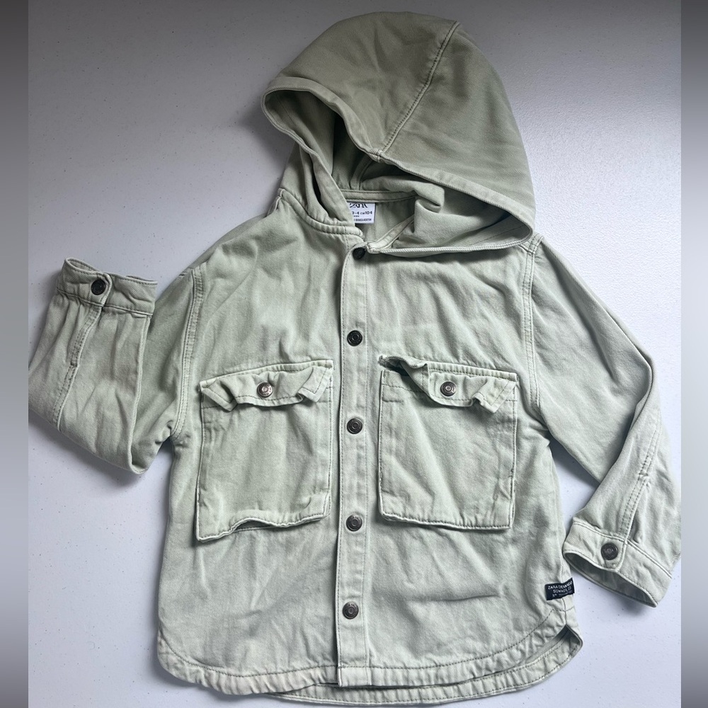 ZARA Kids 3–4Y Denim Hooded Button-Up Jacket | Sage Green
